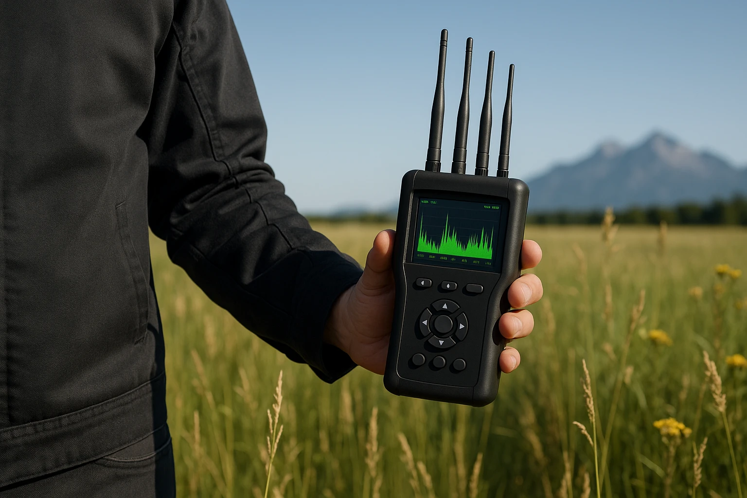 A technician holds a compact frequency scanner in an open field, surrounded by tall grass and wildflowers, with a digital display showing detected signals, set against the backdrop of a clear blue sky and distant mountain peaks.