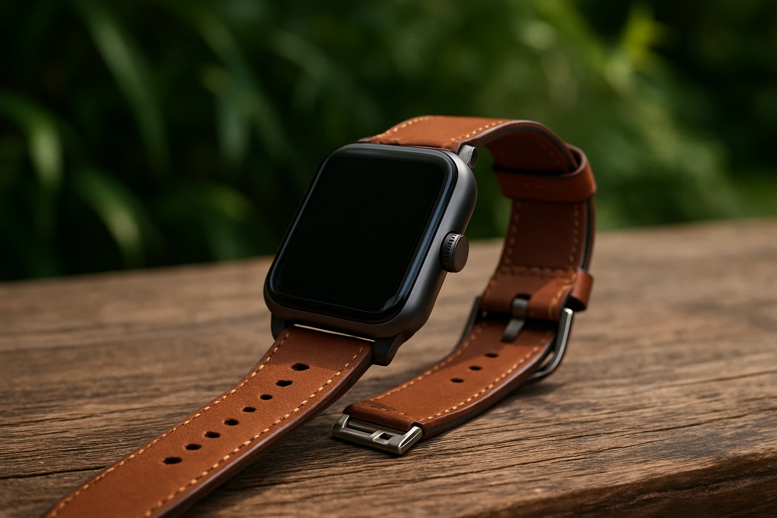 A close-up of a smartwatch on a rustic wooden table with a quick-release leather strap, contrasting against a backdrop of lush greenery, showcasing the strap's sophisticated design and easy attachment mechanism.