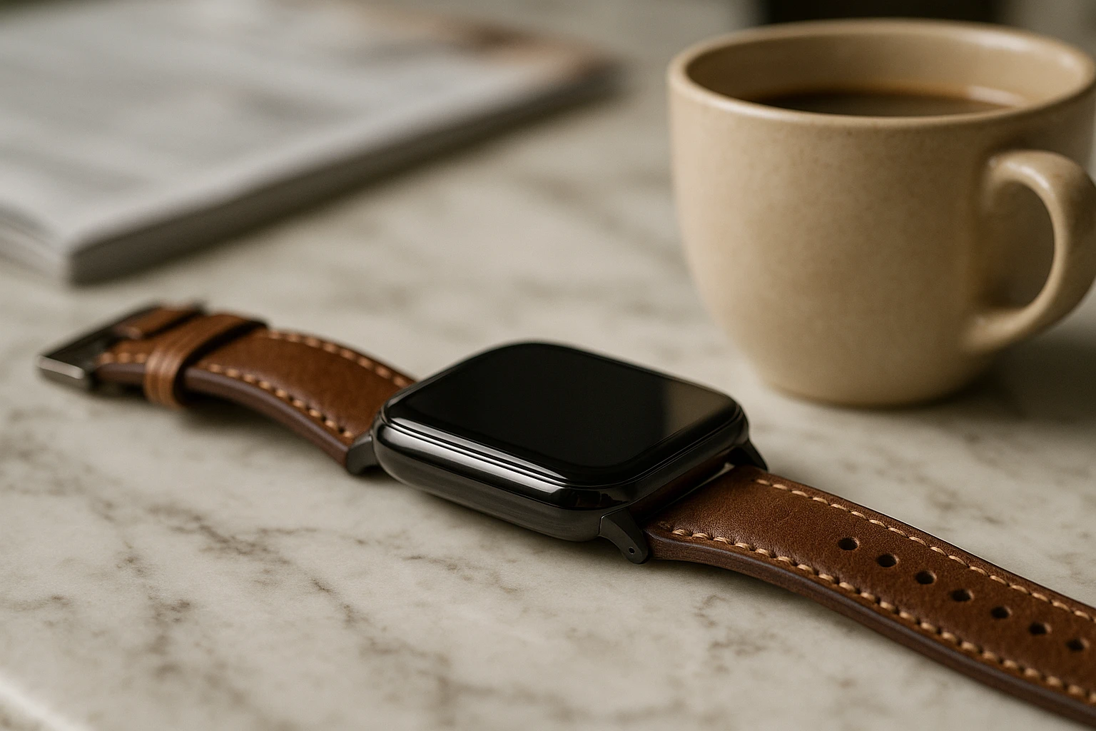 A smartwatch lying on a marble counter beside a ceramic coffee cup, featuring a quick-release leather strap with visible stitching and a small, intricate clasp, set against a blurred background of an open magazine.