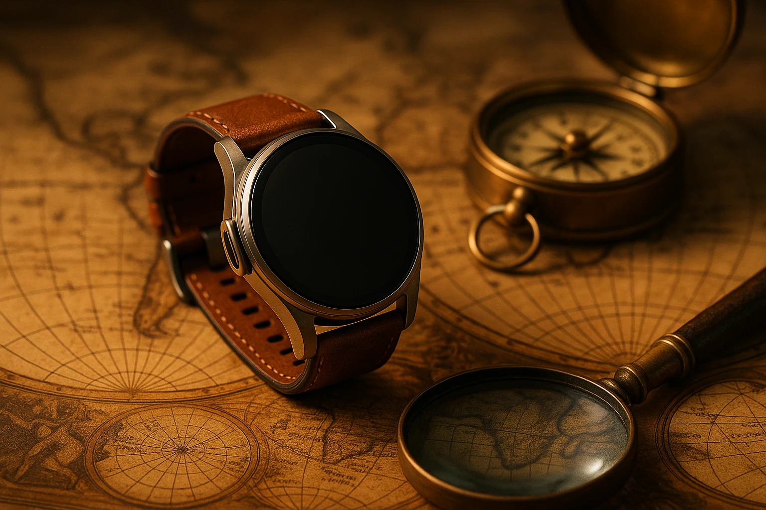 A quick-release smartwatch with a leather strap resting on a vintage map under a soft, warm light, accompanied by a compass and an antique-looking magnifying glass, evoking a sense of adventure and timeless style.