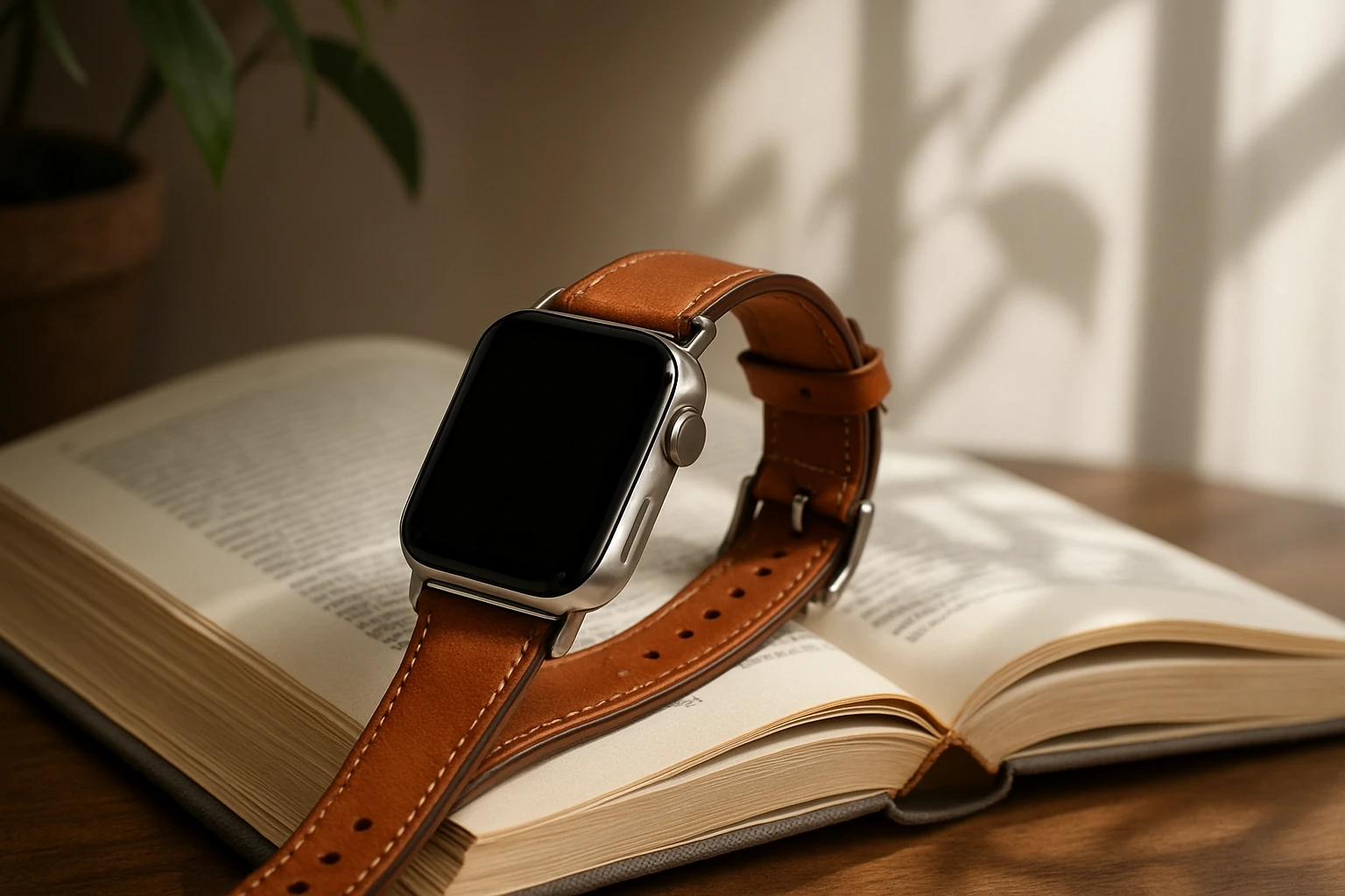 A smartwatch with a quick-release leather strap draped over the open pages of a hardcover book, illuminated by soft, natural light filtering through a nearby window, with a potted plant casting gentle shadows on the scene.