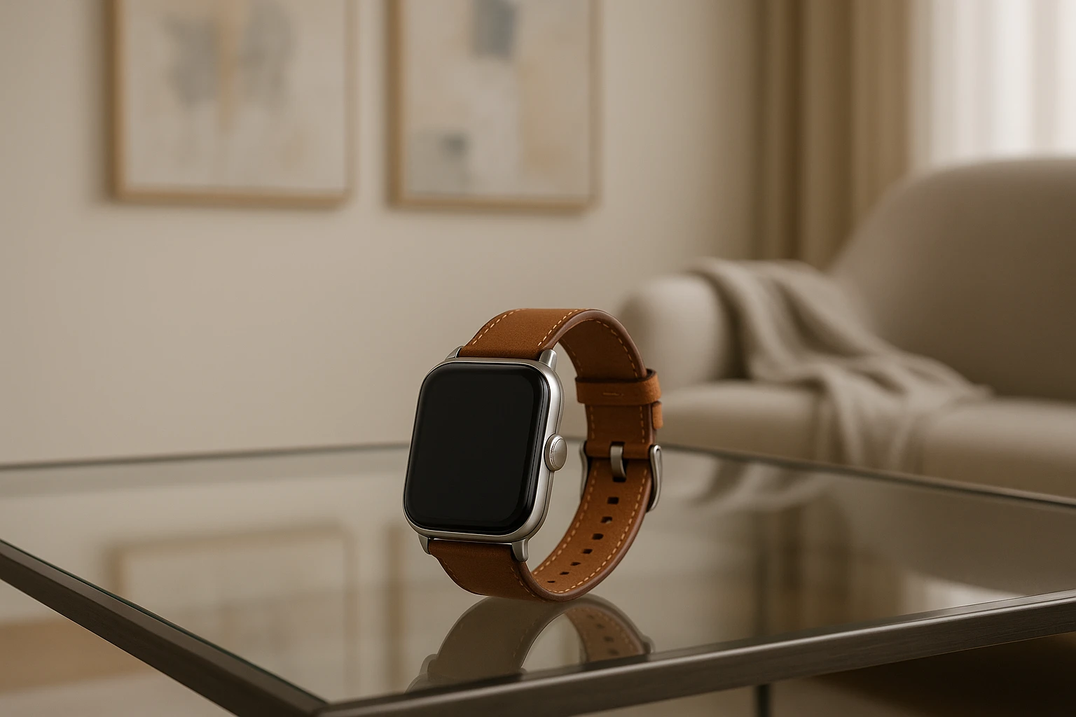 A smartwatch with a quick-release leather strap resting on a sleek, modern glass coffee table, surrounded by a minimalist interior with abstract art on the walls and a soft, elegant throw draped over a nearby chair, highlighting the blend of modern design and classic elegance.