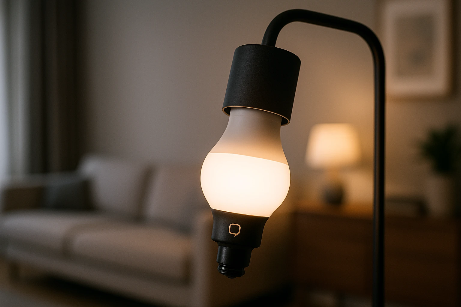 A sleek bayonet smart bulb glowing softly from a contemporary floor lamp, seamlessly integrating with a stylish living room; its light gently adjusting through voice commands, highlighting its Alexa compatibility with a small logo on the base.