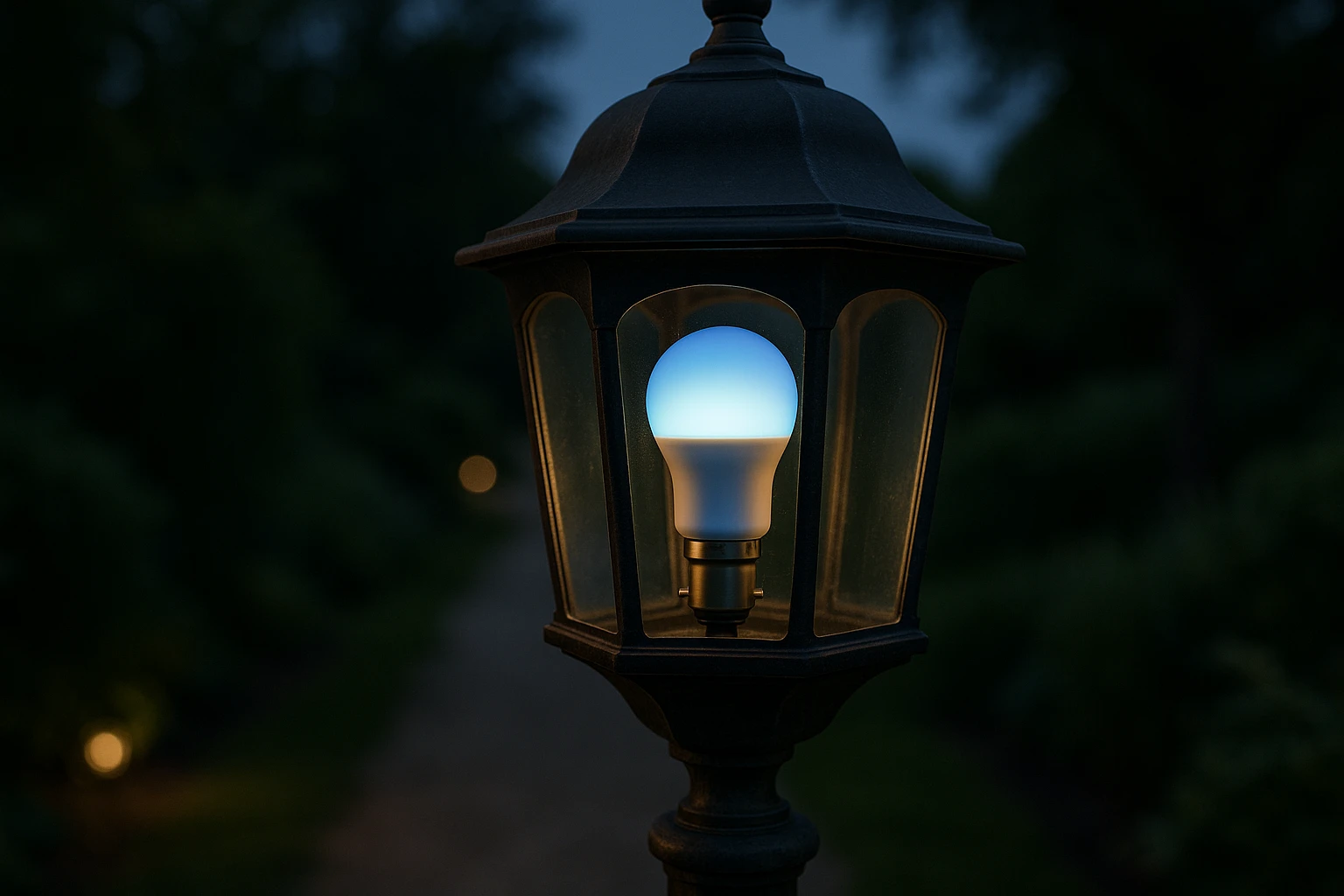 A close-up of an Alexa-compatible bayonet smart bulb installed in a vintage-style outdoor lantern, softly illuminating a garden path at dusk with a subtle blue hue, highlighting energy efficiency and modern technology blending with classic design.