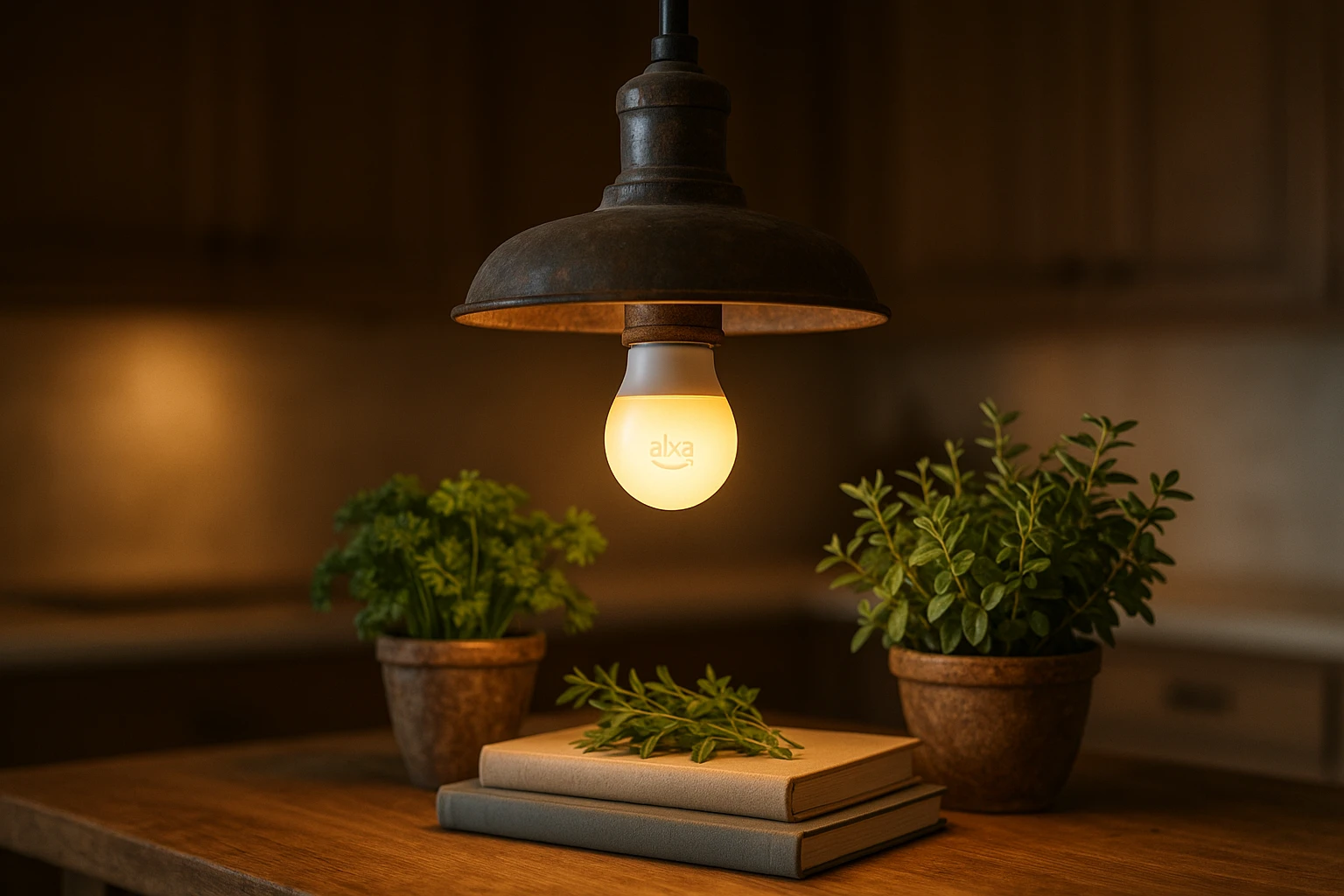 A bayonet smart bulb installed in a rustic-style ceiling light fixture, casting warm, energy-efficient illumination over a kitchen island adorned with fresh herbs and cookbooks, subtly demonstrating its Alexa compatibility through an unobtrusive digital logo on the bulb's surface.