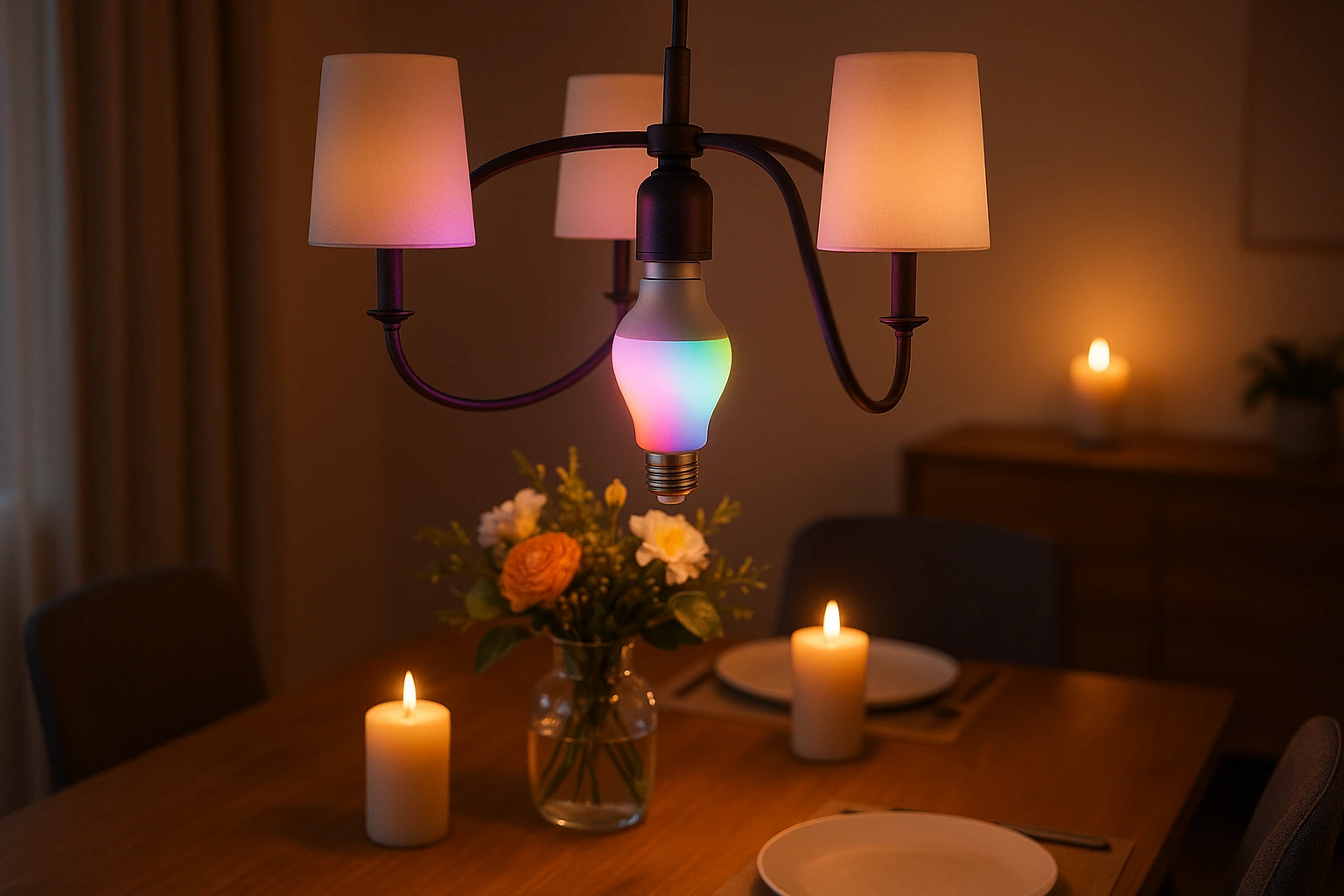 A bayonet smart bulb embedded in a modern chandelier, set in a cozy, minimalist dining room with soft ambient lighting; vibrant colors shift through commands, accentuating a warm wooden dining table set elegantly with candles and fresh flowers, signifying seamless integration with Alexa features.