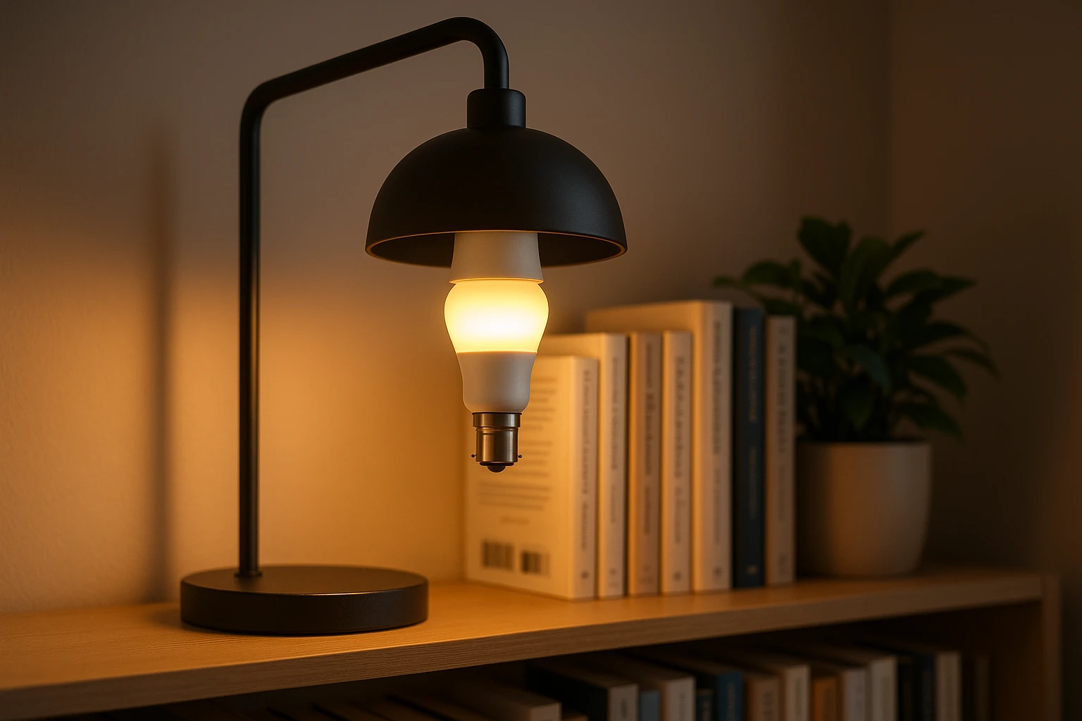 A bayonet smart bulb glowing brightly from a sleek modern desk lamp, resting on a minimalist bookshelf filled with novels and a potted plant; controlled effortlessly through Alexa, its adaptable light enhances the cozy reading nook with a dynamic ambient glow.