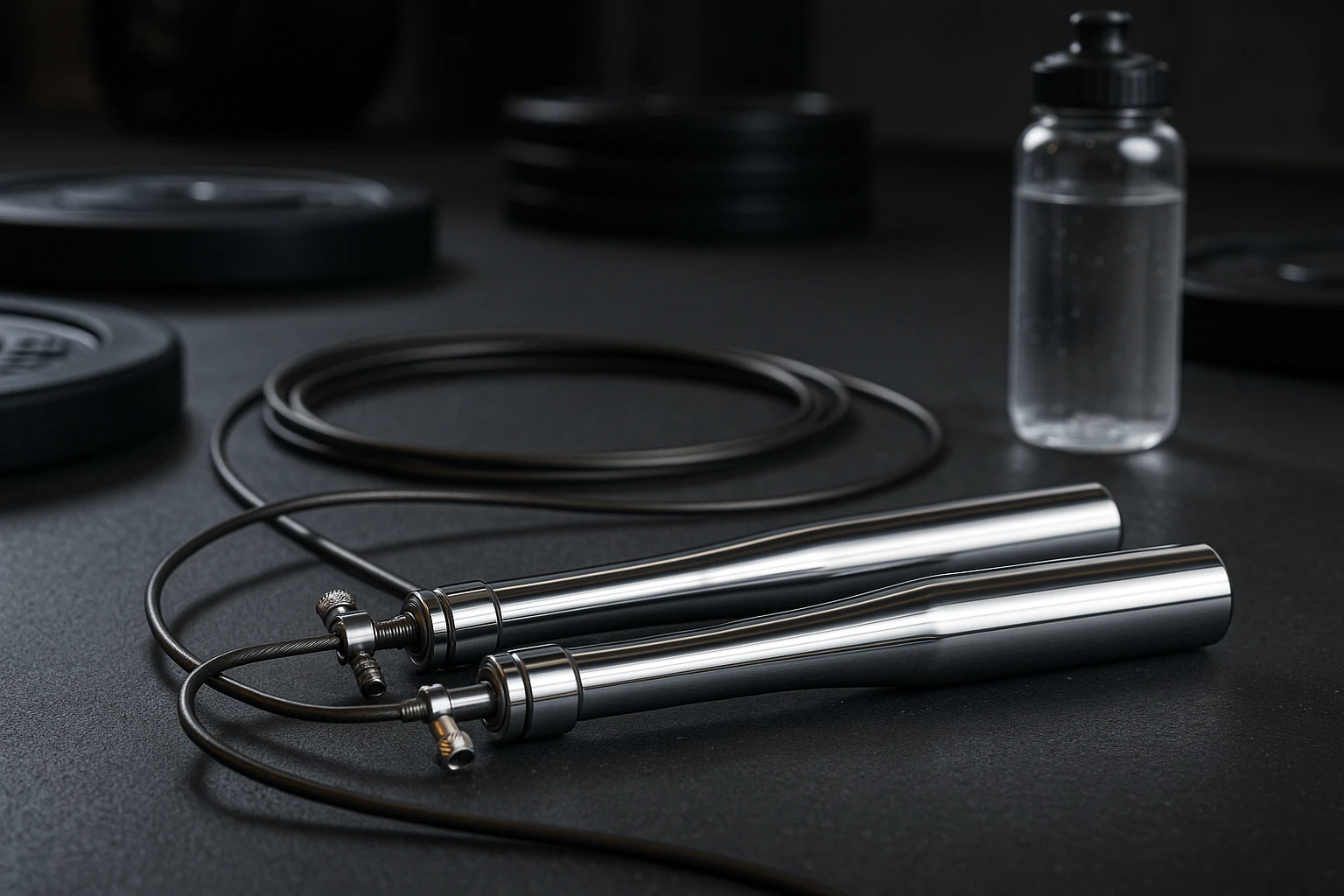 A close-up view of an adjustable-speed steel skipping rope laid out on a gym floor, with its sleek metallic handles reflecting gym lights, surrounded by weights and a water bottle.