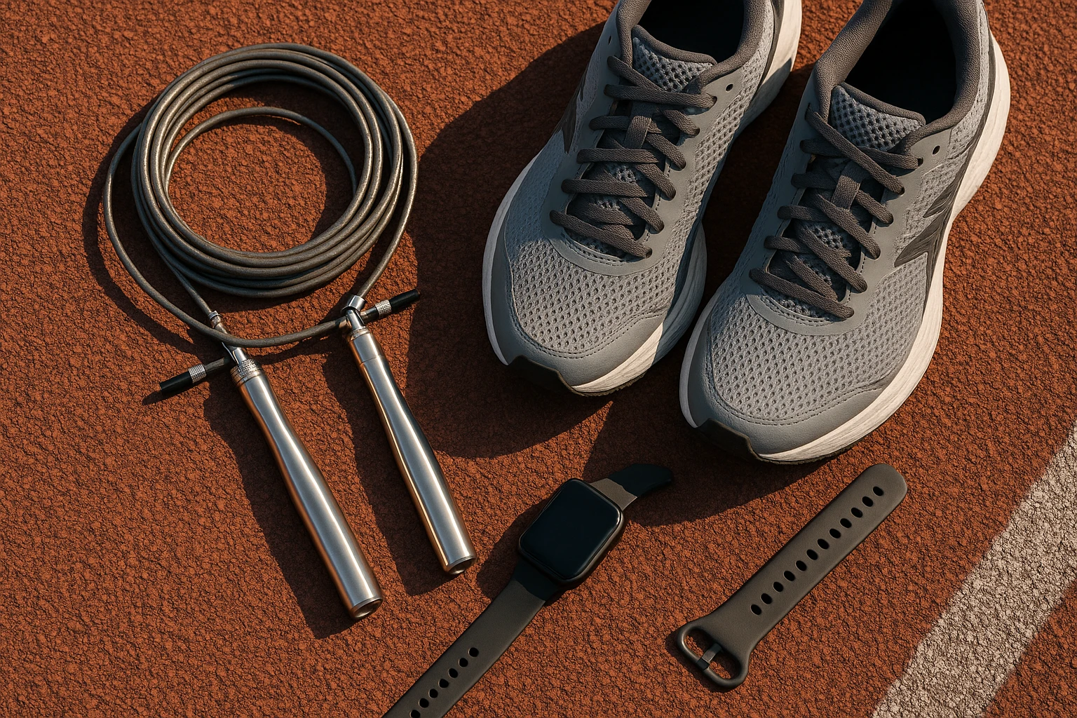 A top-down view of an adjustable-speed steel skipping rope coiled neatly on an outdoor running track, with its metallic handles glinting in the sunlight, alongside a pair of running shoes and a fitness tracker watch lying nearby.