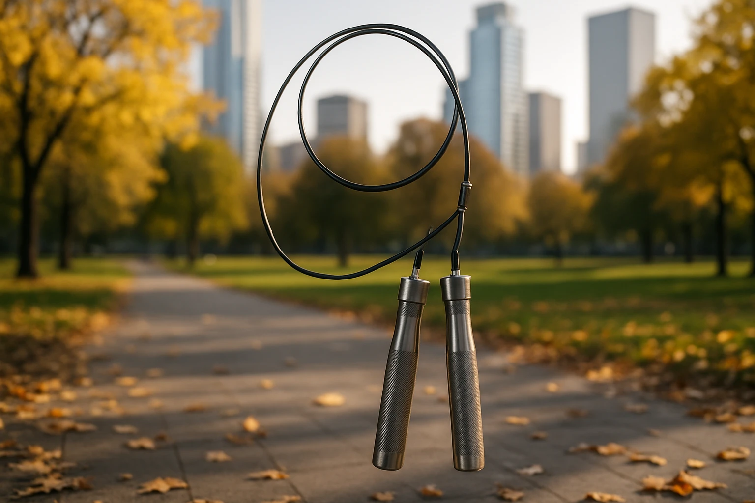 An adjustable-speed steel skipping rope hanging mid-air against a backdrop of a modern urban park, with skyscrapers in the distance and autumn leaves scattered on the ground, showcasing its metallic handles glimmering gently in the dappled sunlight.