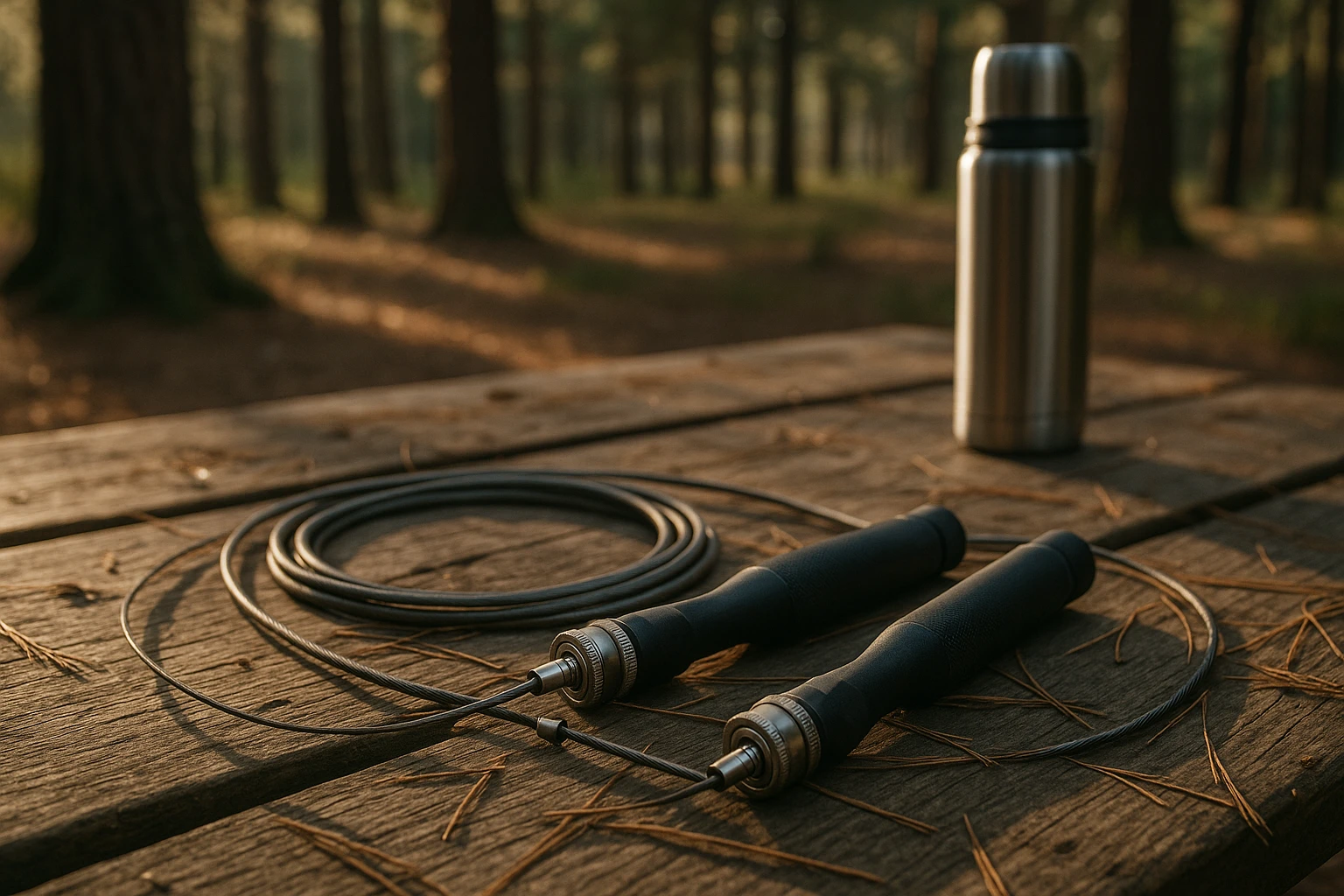 A steel skipping rope with adjustable-speed settings is depicted spread out on a rustic wooden picnic table, surrounded by fallen pine needles and a thermos, set in a forest clearing with towering trees and sunlight filtering through the branches.