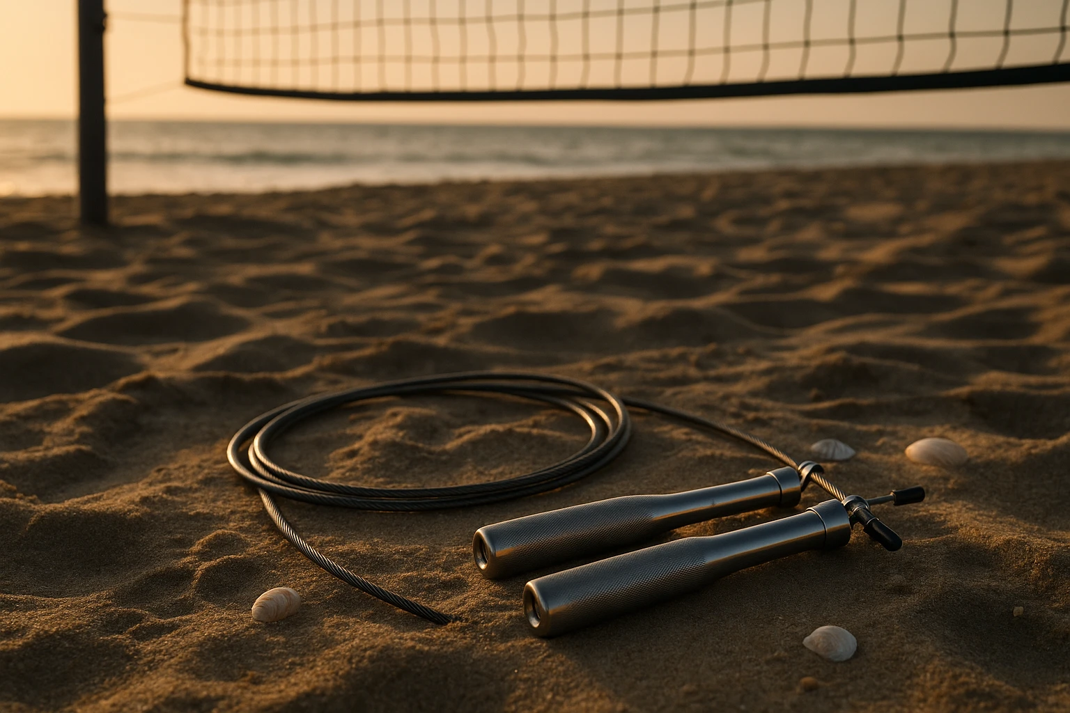 An adjustable-speed steel skipping rope lying on a sandy beach near a volleyball net, its metallic handles catching the soft light of the setting sun, with footprints and seashells scattered around in the sand.