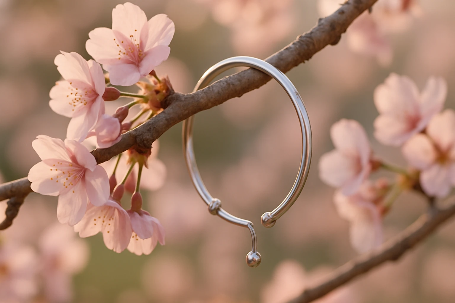 A minimalist adjustable silver bracelet elegantly draped over the branch of a blossoming cherry tree, contrasting its sleek metallic sheen against the soft pink petals in the gentle morning light.