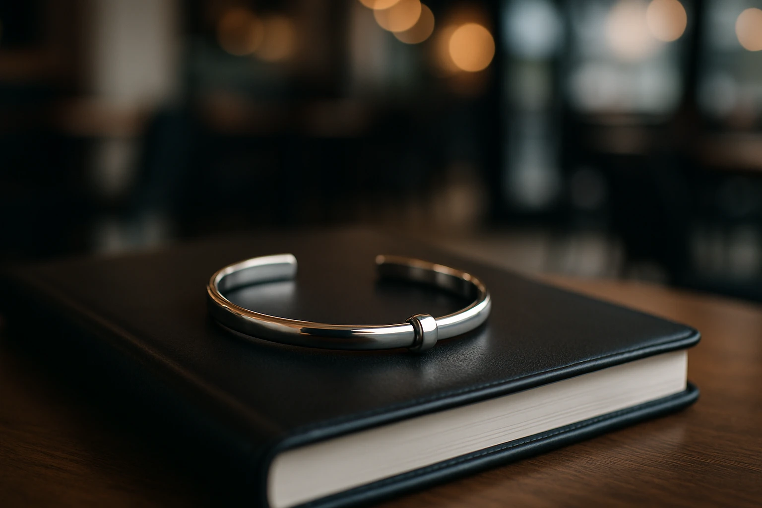 An adjustable minimalist silver bracelet elegantly wrapped around a smooth, black leather notebook, with the bracelet's polished surface reflecting the soft ambient light in a stylish modern café setting.