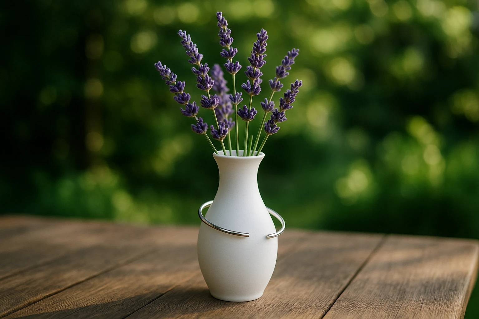 An adjustable minimalist silver bracelet elegantly encircles a slender white ceramic vase filled with fresh lavender, set against a rustic wooden table with the contrast of natural greenery in a sunlit garden.