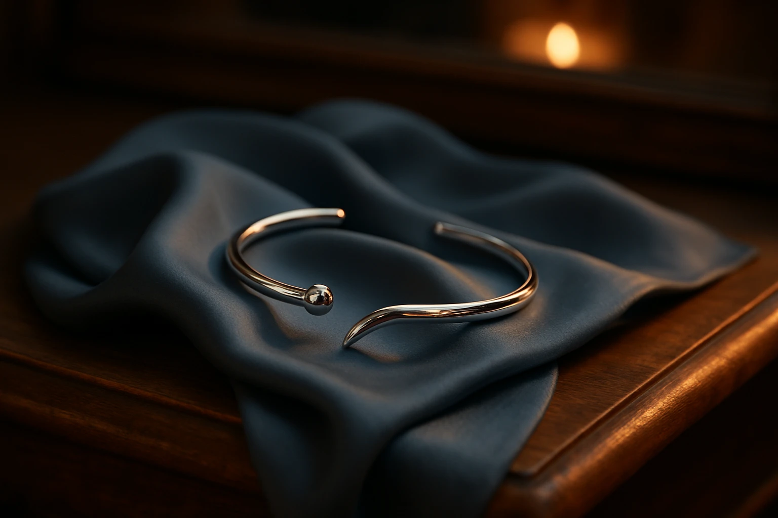 An adjustable minimalist silver bracelet lying elegantly on a smooth, slate-blue silk scarf, with a faint reflection of ambient candlelight shimmering off its polished curves, set on a vintage wooden vanity table.