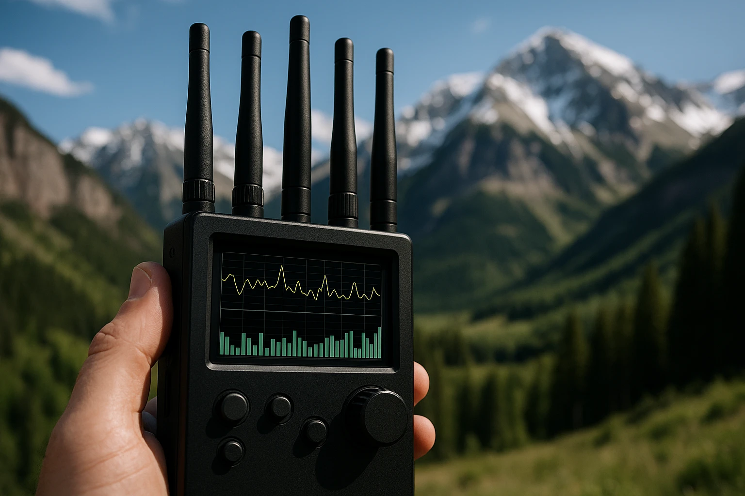 A close-up of a handheld electronic device with a detection screen, displaying signal graphs, being used outdoors against the backdrop of the Telluride mountains, emphasizing the role of technology in securing privacy.