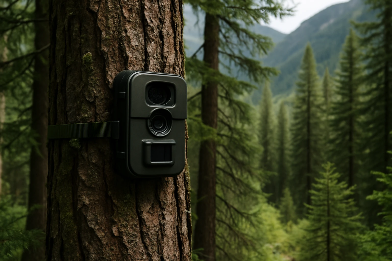 A discrete camera mounted on a tree in a forested area of Telluride, blending with the natural surroundings, highlighting the hidden surveillance risks in this picturesque location.