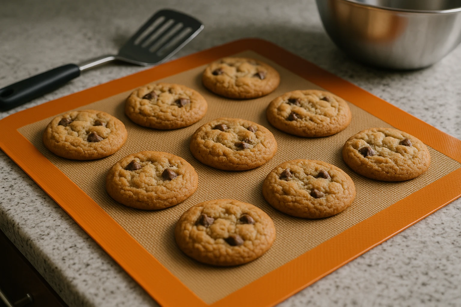 A close-up of a non-stick silicone baking mat on a kitchen counter, with freshly baked, golden-brown cookies cooling on its surface, showcasing the mat's smooth texture and vibrant color, surrounded by baking utensils like a spatula and mixing bowl.
