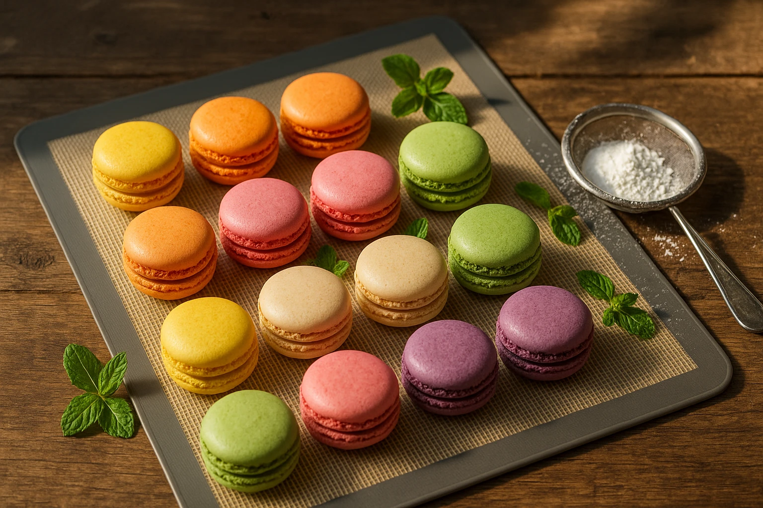 A non-stick silicone baking mat on a rustic wooden dining table, with an assortment of colorful macarons arranged neatly on top, surrounded by sprigs of fresh mint and a sifter dusted with powdered sugar, capturing the vibrant hues and textures in natural sunlight.