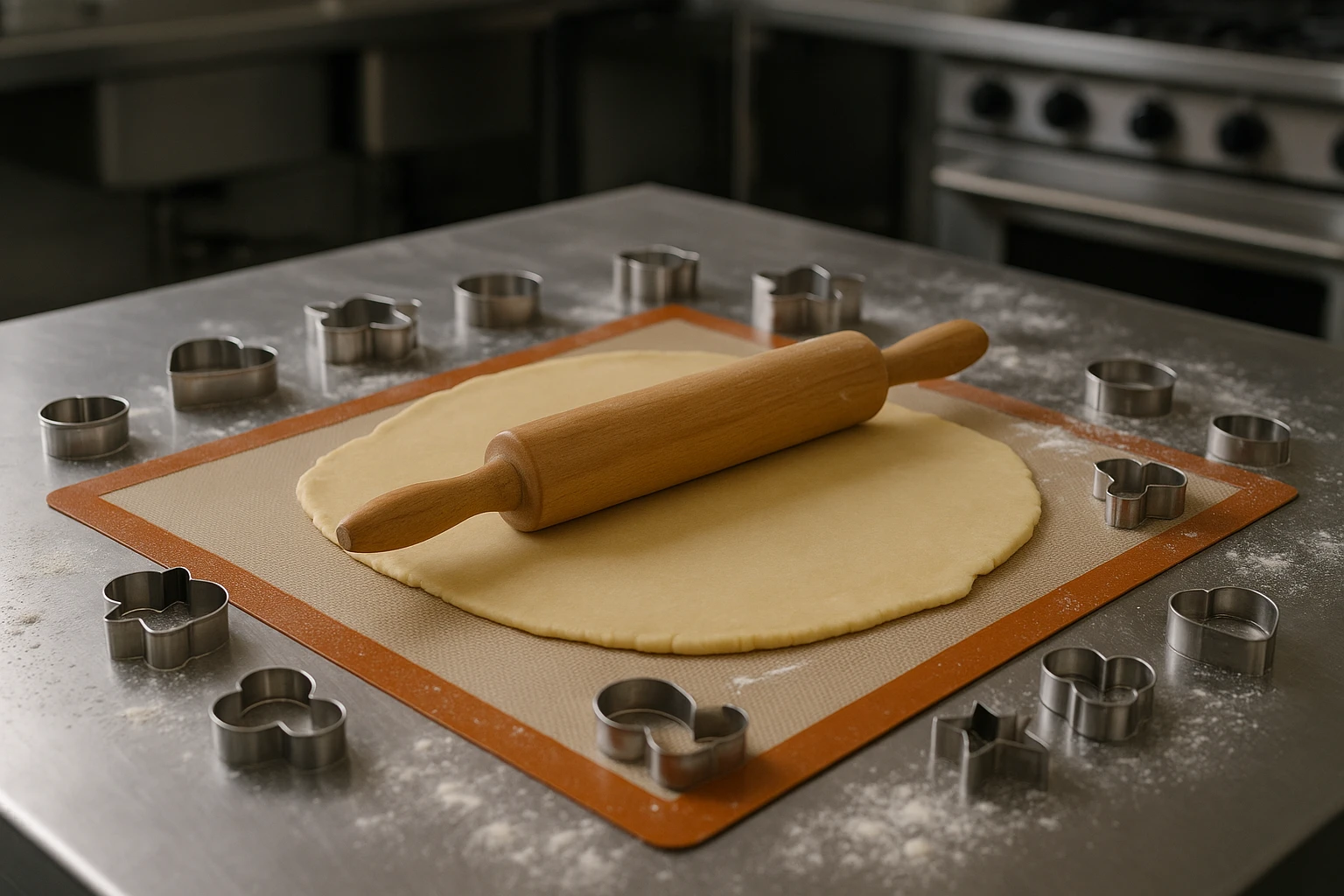 A non-stick silicone baking mat laid out in an industrial kitchen, with a freshly rolled-out sheet of pastry dough and a rolling pin resting on it, surrounded by various metal cookie cutters and a dusting of flour on nearby surfaces.