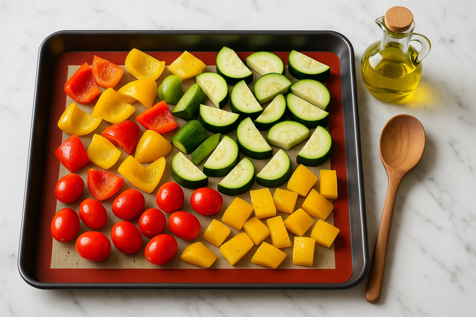 A non-stick silicone baking mat on a marble countertop, with a variety of colorful vegetables like bell peppers, zucchini, and cherry tomatoes laid out for roasting, alongside a small bottle of olive oil and a wooden spoon.