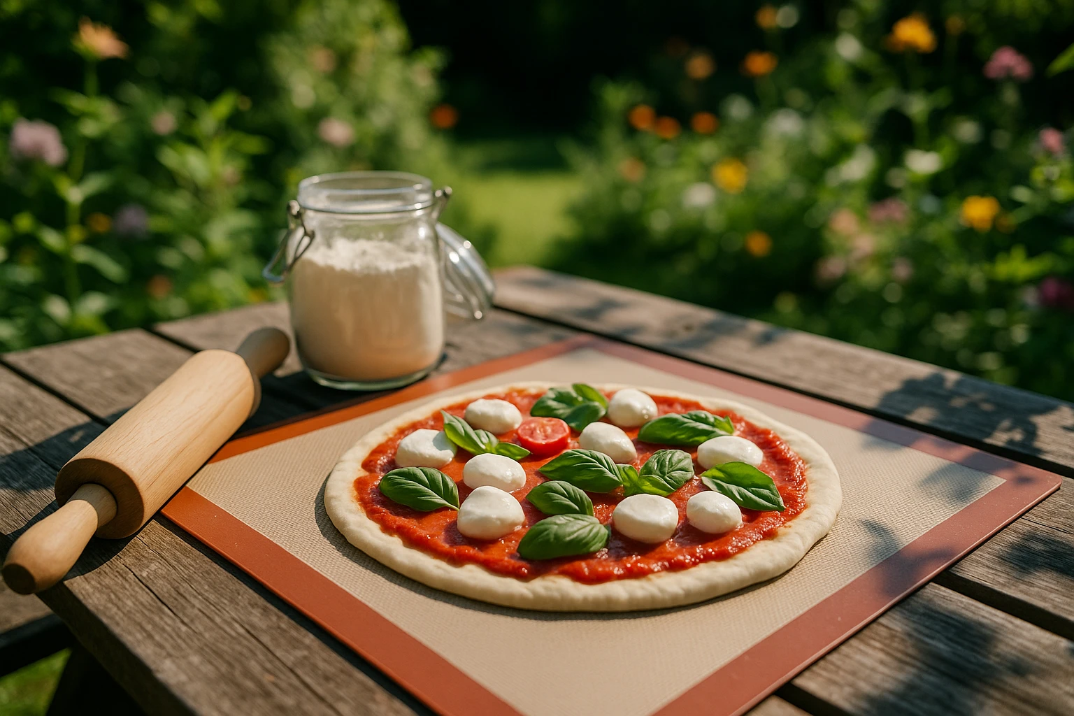 A non-stick silicone baking mat spread out on a picnic table in a sunny garden, with homemade pizza dough topped with fresh ingredients like basil, mozzarella, and tomatoes, a rolling pin and a jar of flour nearby, surrounded by leafy plants and flowers in full bloom.