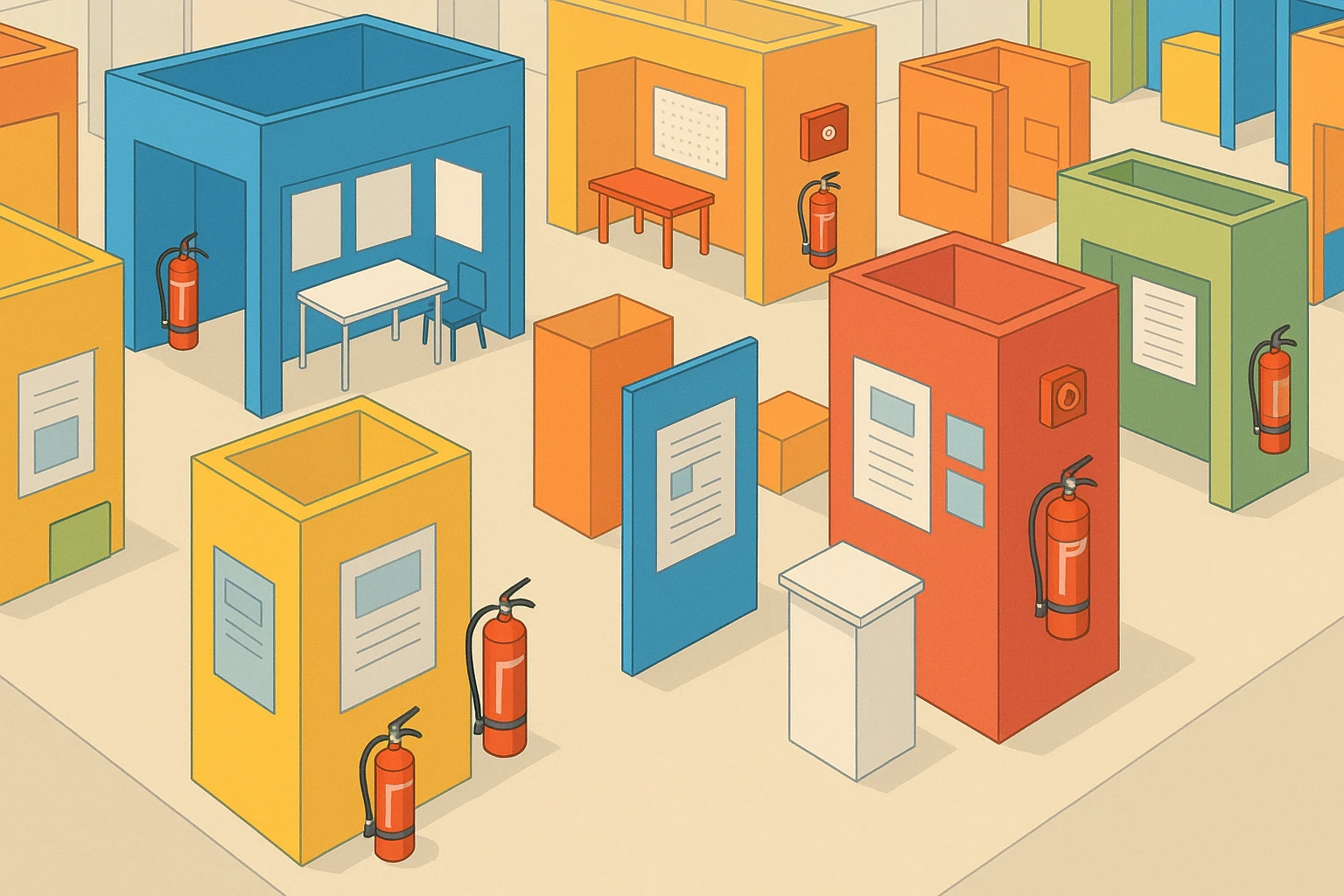 B1 Fire Rated Graphics A vibrant exhibition hall filled with colorful, towering display structures and informational booths, each adorned with visible fire safety equipment like extinguishers and alarms, emphasizing the importance of adherence to B1 fire rating standards.