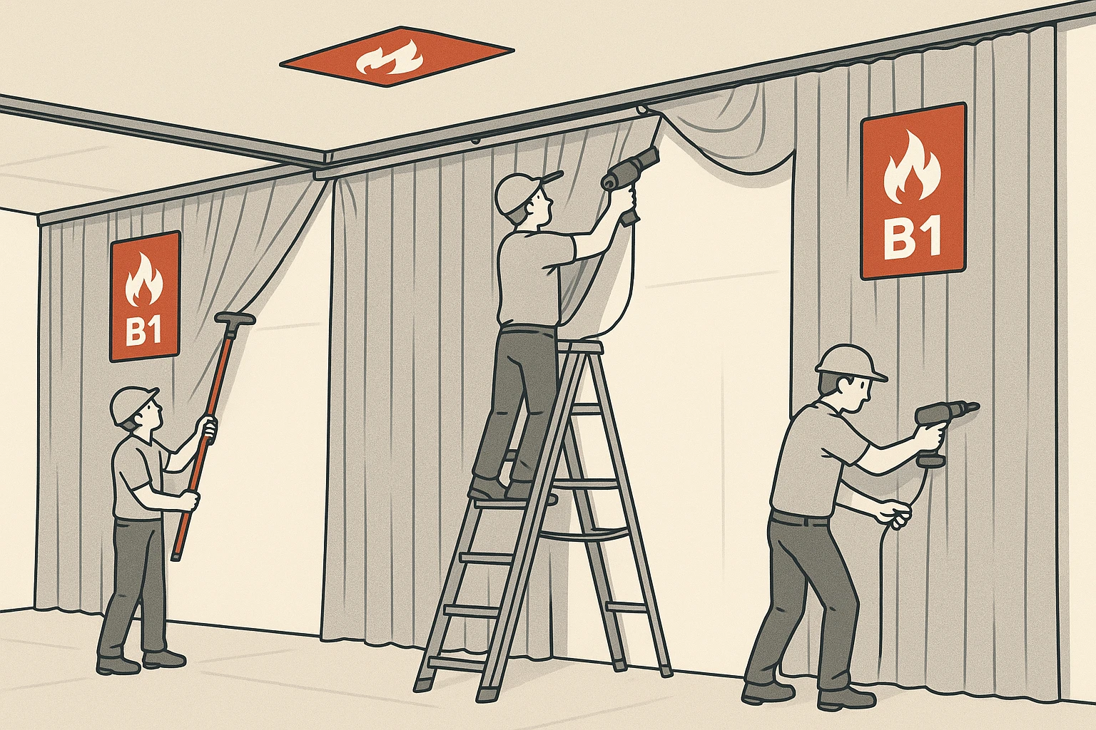 B1 Fire Rating Fire-resistant drapery being installed across a large exhibition space, with technicians using specialized tools to secure heavy-duty fabric along the ceiling and walls, emphasizing compliance with B1 fire rating standards through visible labels on the materials.