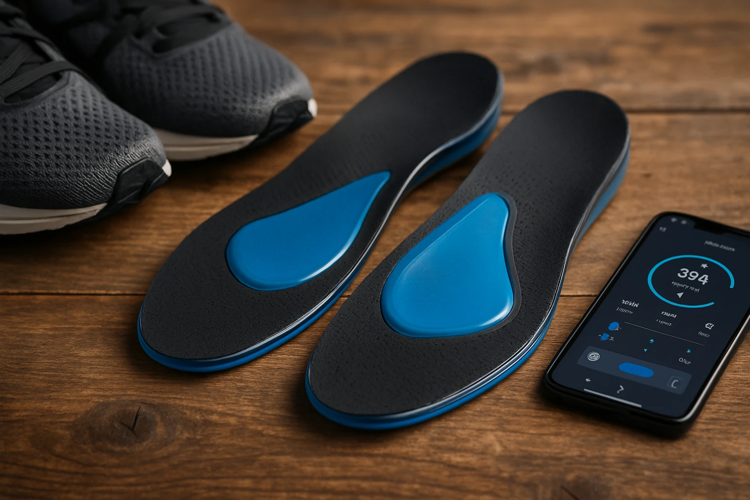 A close-up of a pair of gel shoe insoles with vibrant blue arch support, placed on a rustic wooden surface, surrounded by running shoes and a smartphone displaying a fitness tracking app.