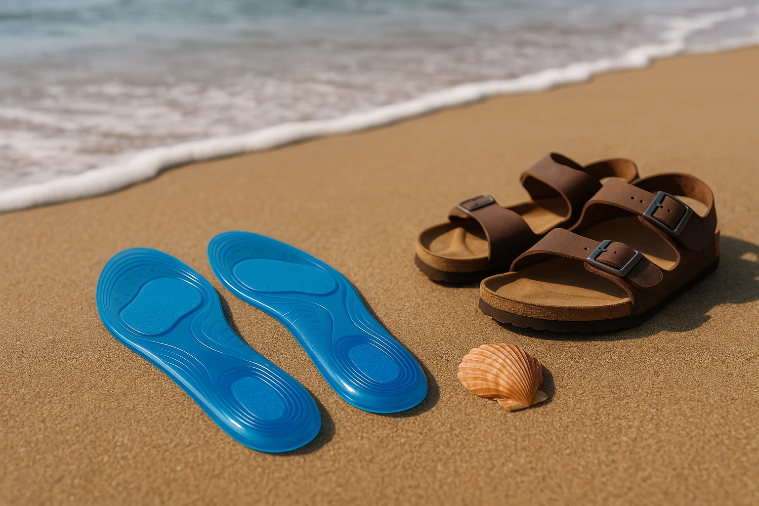 A pair of gel shoe insoles with arch support placed on a sandy beach, alongside a seashell and a pair of sandals, with gentle ocean waves in the background.