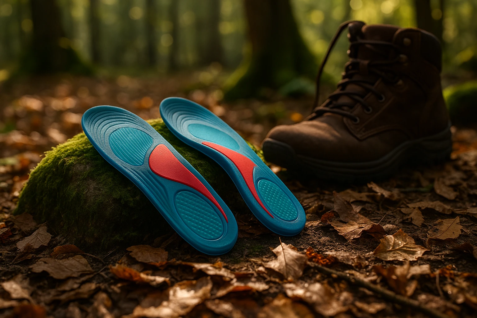 A pair of gel shoe insoles with arch support displayed on a moss-covered rock in a forest, surrounded by fallen leaves and hiking boots, with sunlight filtering through the trees.