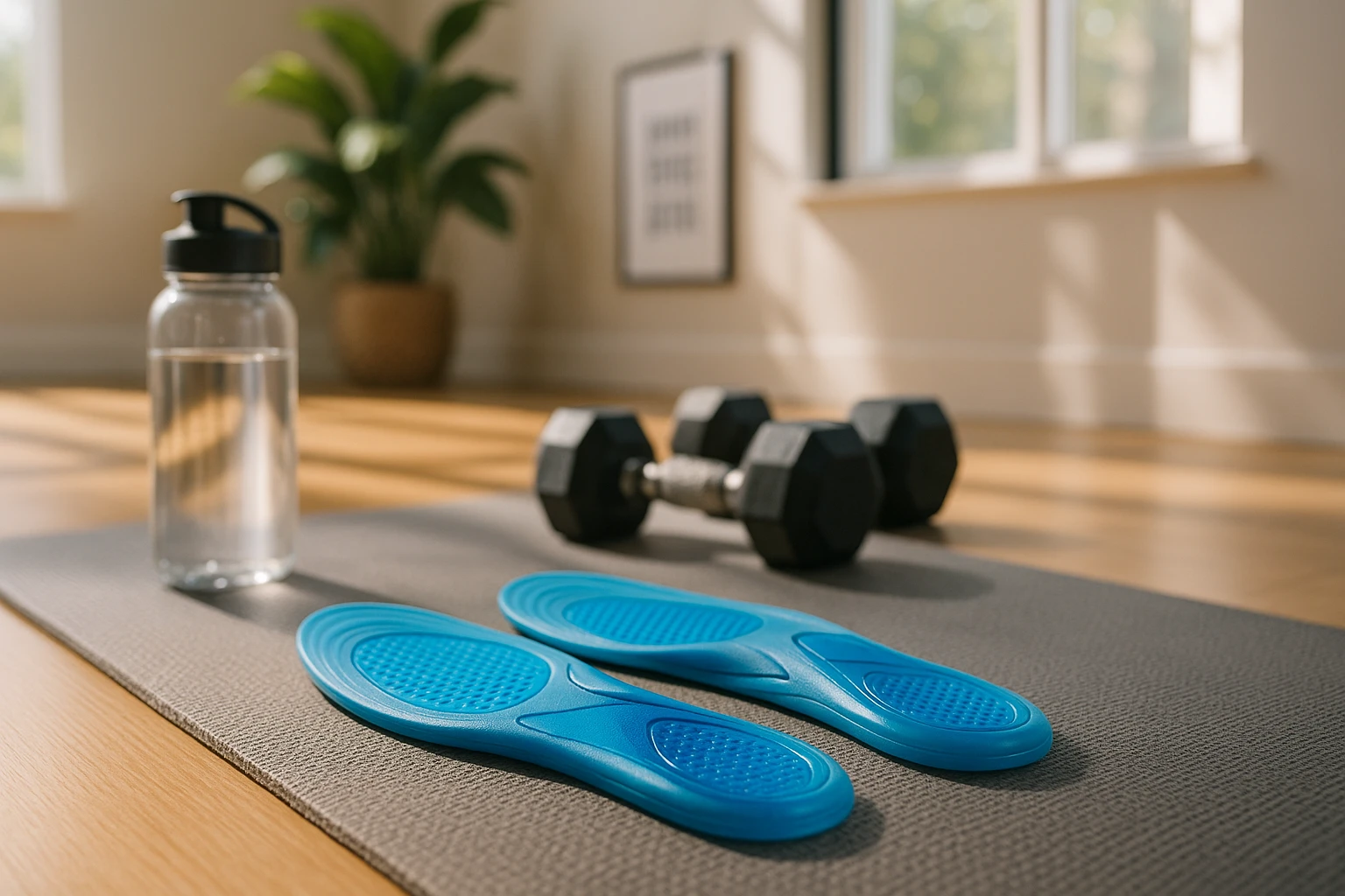 A pair of gel shoe insoles with arch support resting on a yoga mat next to a water bottle and a pair of dumbbells in a sunlit home gym, with a plant and motivational poster in the background.