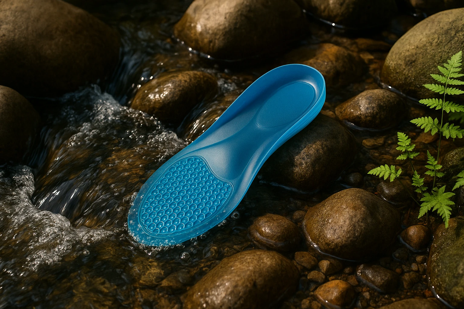A gel shoe insole with arch support is partially submerged in clear, bubbling stream water, surrounded by smooth river stones and small fern plants, capturing the natural essence of comfort and support.
