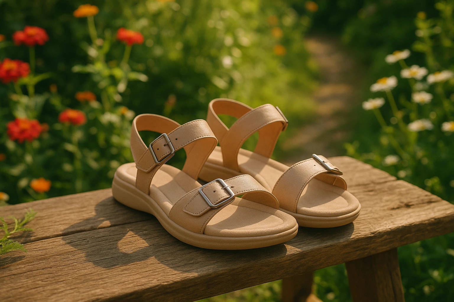 A pair of stylish women's walking sandals resting on a textured wooden bench in a sunlit garden, showcasing their cushioned soles and adjustable straps surrounded by vibrant flowers and greenery.