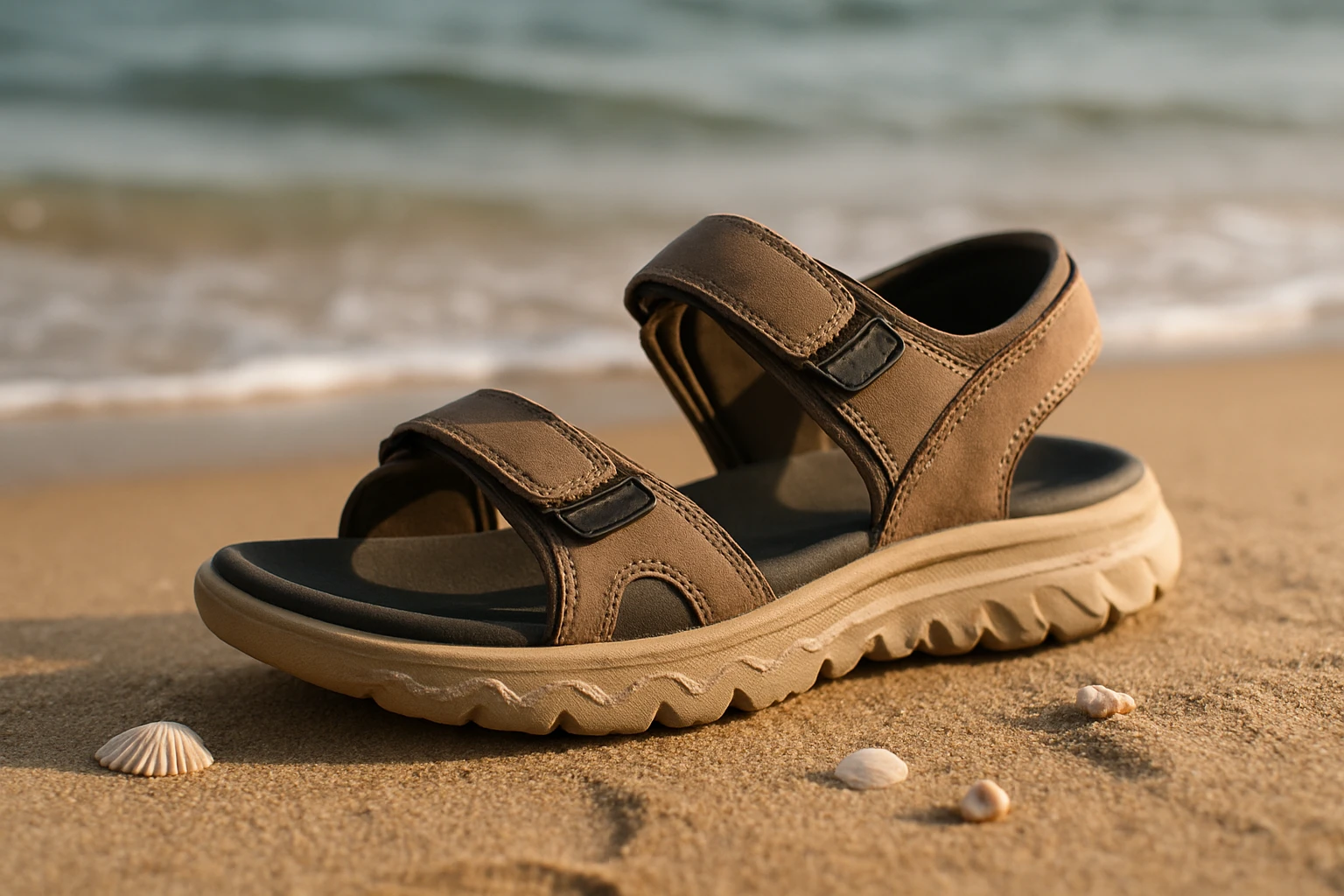 A close-up of a single sandal resting on a sandy beach, highlighting its impact-absorbing EVA foam sole with gentle ocean waves in the background and small seashells scattered around.