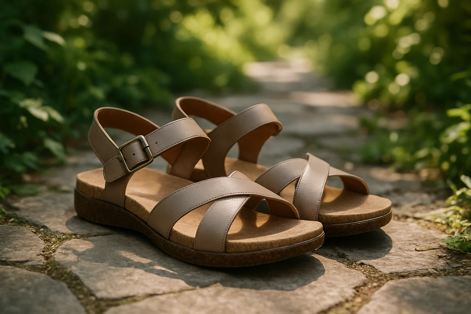 A pair of women's comfortable walking sandals with soft leather straps and a cork footbed resting on a stone pathway, surrounded by lush green foliage and dappled sunlight filtering through the trees.