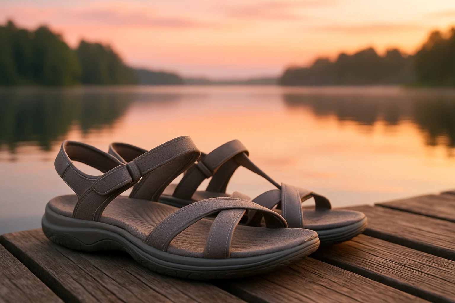A pair of women's comfortable walking sandals with soft fabric straps and textured rubber soles resting on a rustic wooden dock overlooking a serene lake at sunrise, reflecting pastel hues of the morning sky.