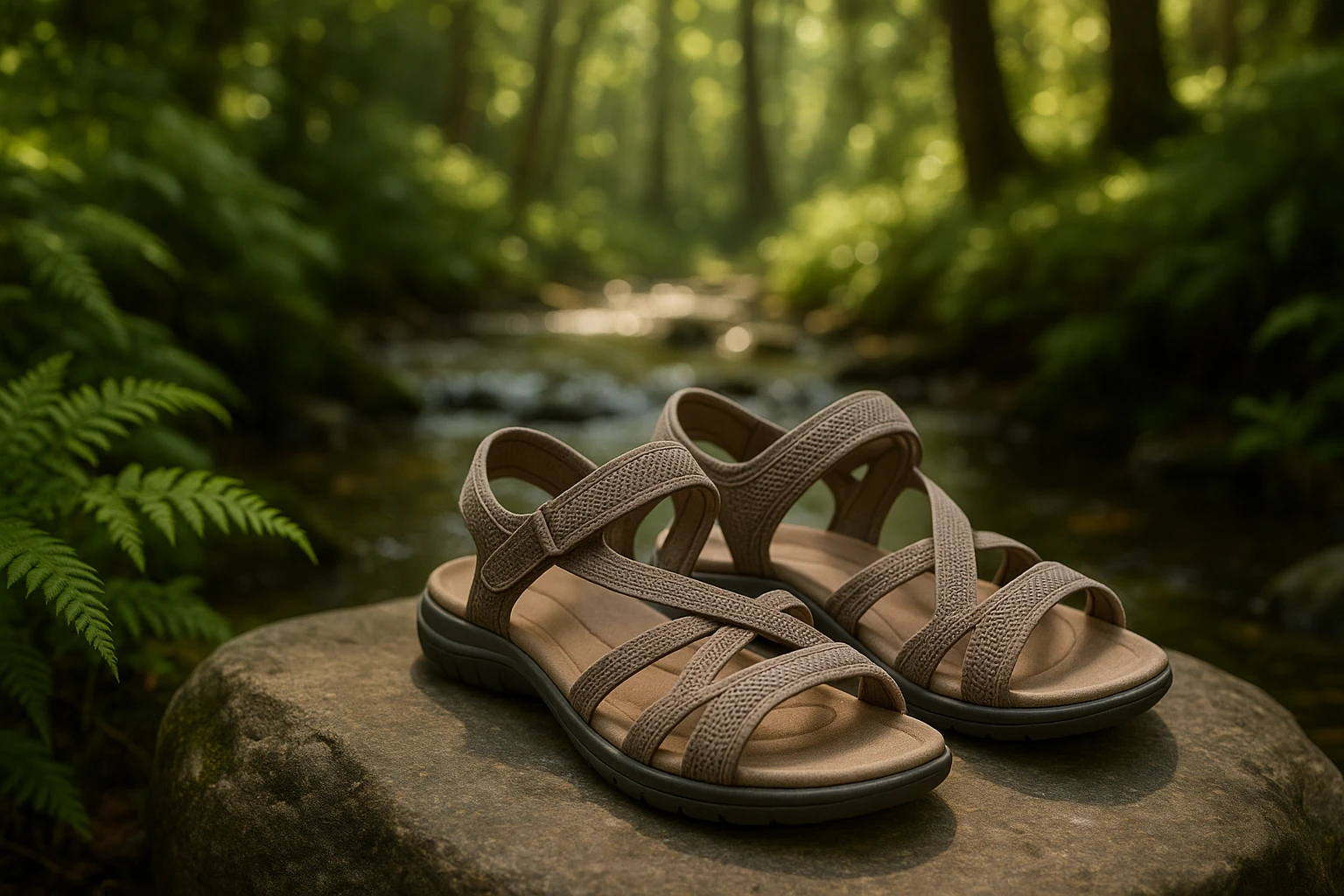 A pair of women's comfortable walking sandals with breathable mesh straps and contoured footbeds displayed on a smooth, flat rock by a gently flowing stream, surrounded by lush ferns and dappled sunlight filtering through tall trees.