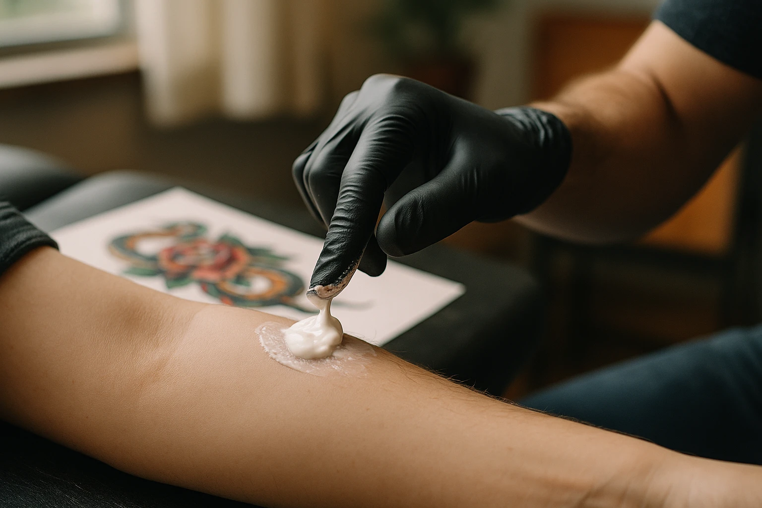 A close-up of a tattoo artist's hand applying numbing cream onto a clean, freshly shaved arm, with a colorful tattoo design template visible in the background, illuminated by soft natural light in a cozy studio.