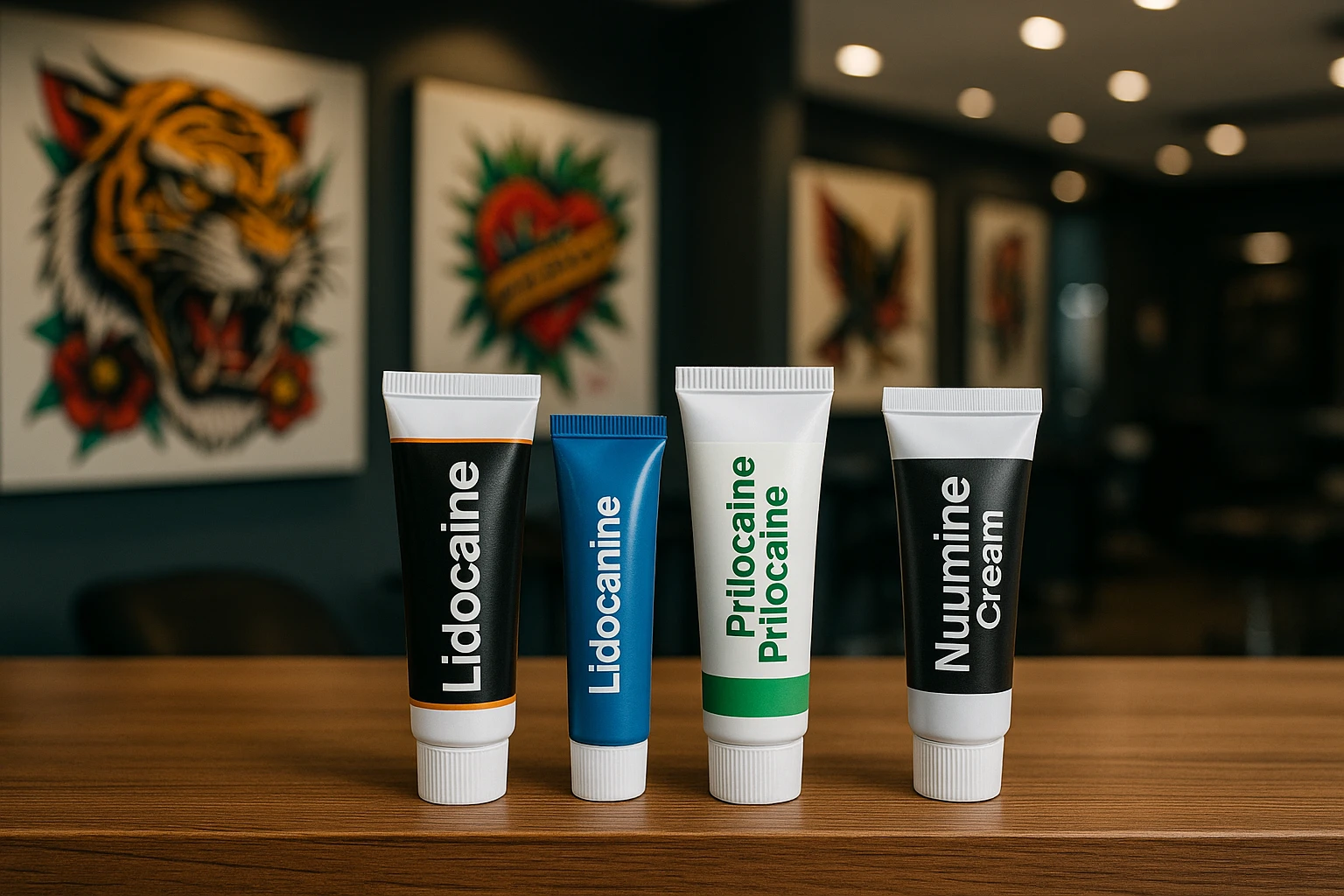 A variety of different numbing creams displayed on a wooden shelf, prominently featuring labels indicating active ingredients like lidocaine and prilocaine, with vibrant tattoo designs as a backdrop, set in a modern, well-lit tattoo parlor.