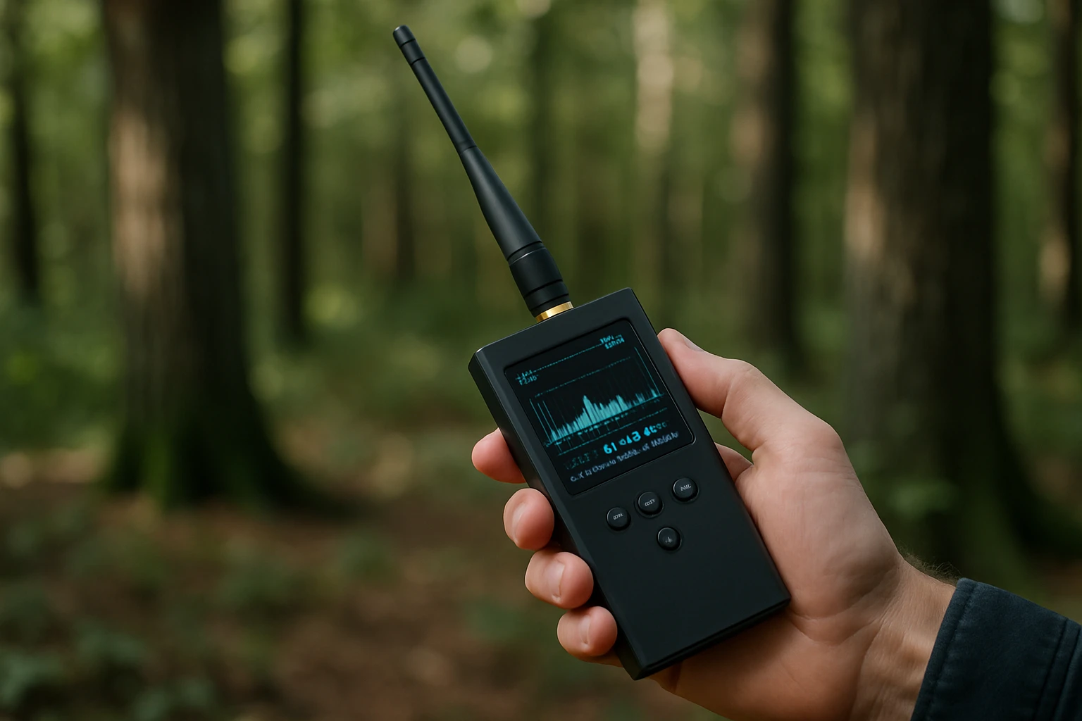 A sleek, handheld TSCM device with a digital screen displaying frequency readings is being used outdoors in a wooded area, scanning for hidden surveillance equipment among the trees.