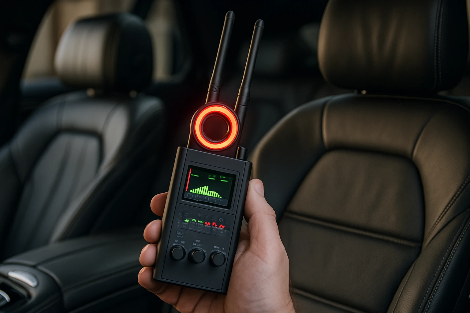 A close-up of a handheld electronic bug detector, scanning a luxurious executive vehicle interior with leather seats, highlighting the sophisticated technology used in counter-surveillance.