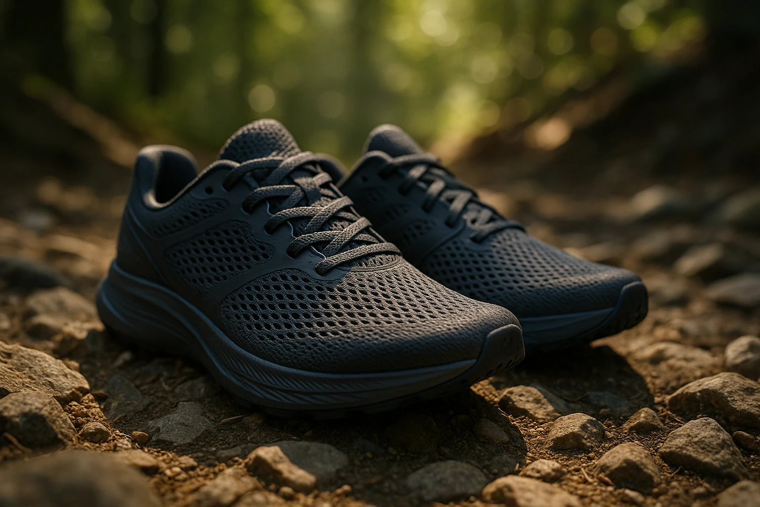 A pair of sleek men's breathable mesh running shoes resting on a rocky trail, with sunlight filtering through the tree canopy, highlighting the intricate mesh patterns designed for maximum airflow.