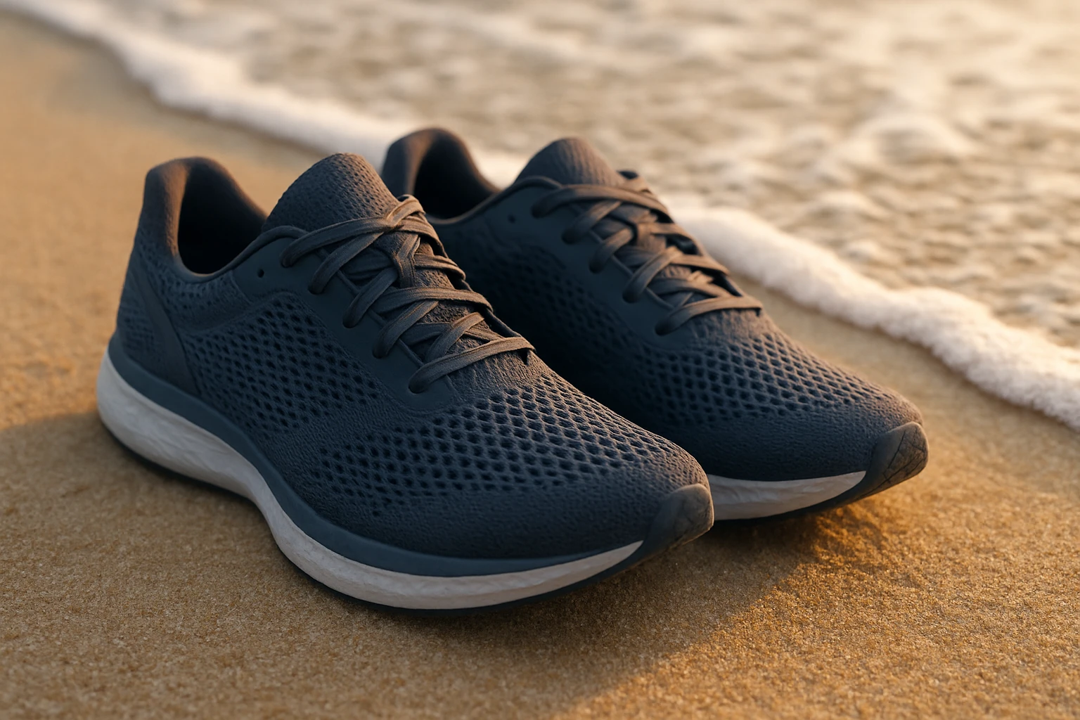 A close-up of men's breathable mesh running shoes on a sandy beach, with ocean waves gently lapping at their edges, highlighting the lightweight mesh fabric designed for airflow and moisture management.