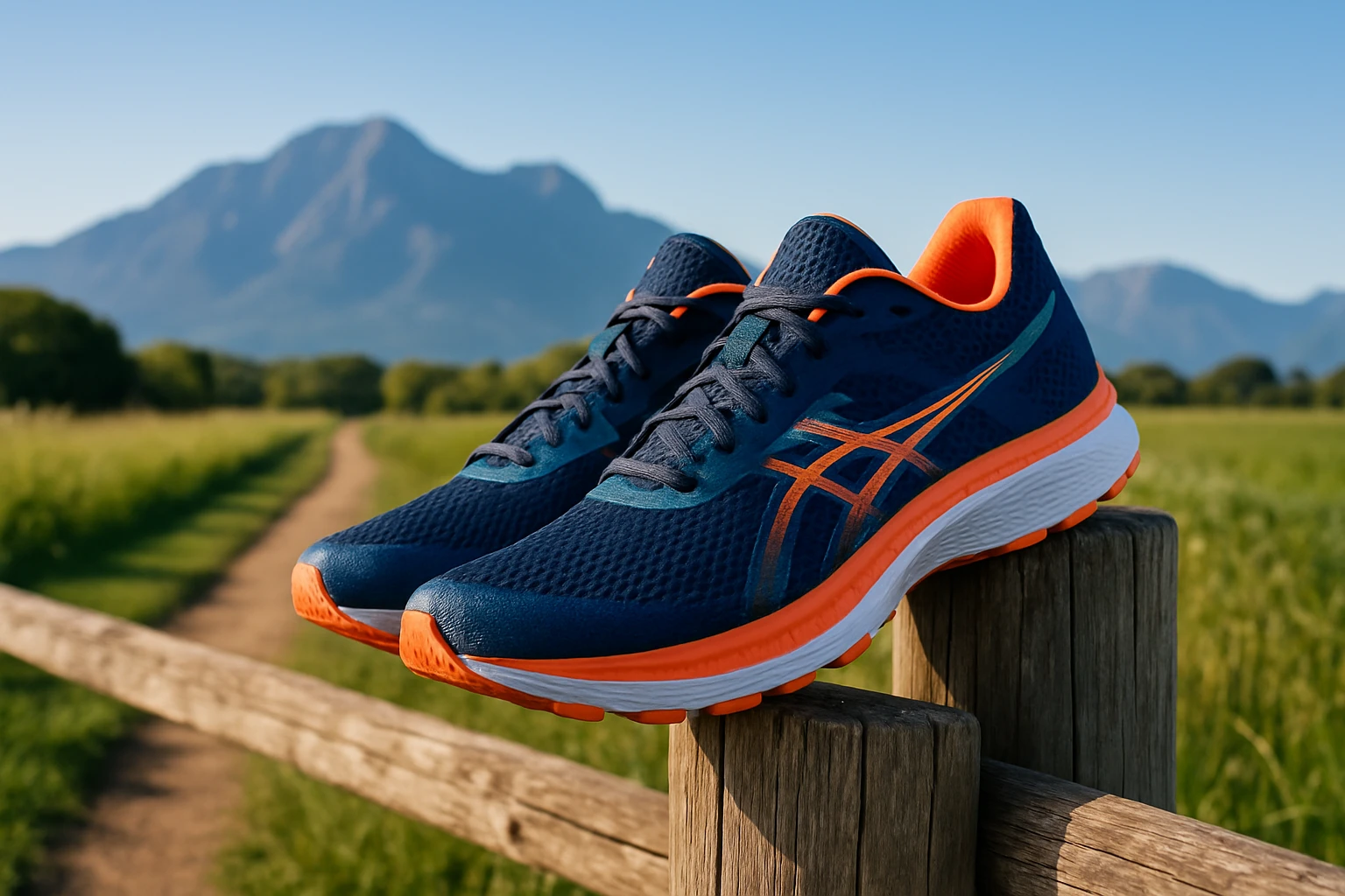 A pair of men's breathable mesh running shoes perched on a wooden fence post beside a grassy jogging path, showcasing their flexible mesh upper and vibrant color scheme, with a scenic mountain range in the background under a clear blue sky.