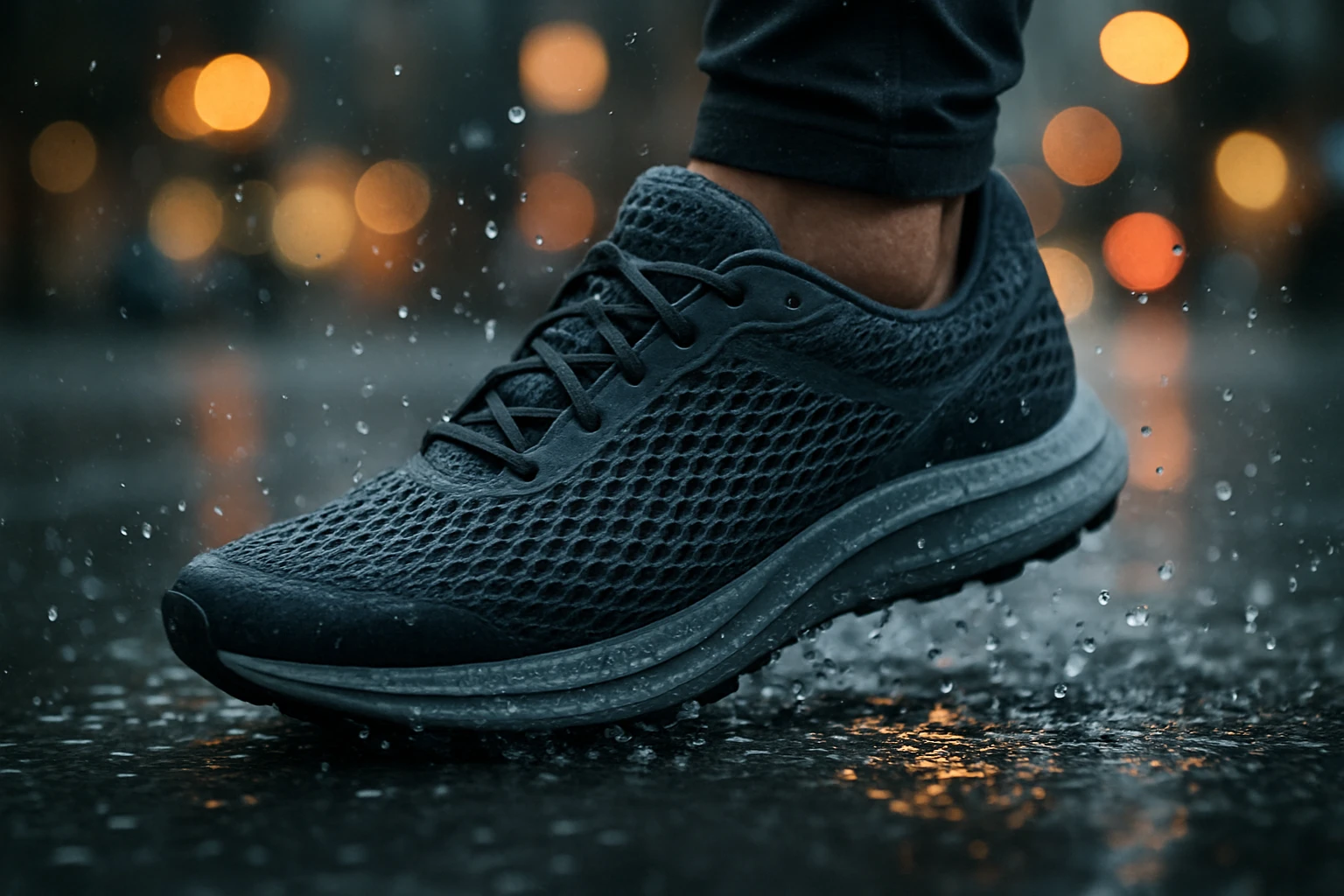 A dynamic image of a men's breathable mesh running shoe mid-stride on a rain-soaked urban street, with water droplets beading off the shoe's surface, emphasizing the advanced moisture-wicking mesh design amidst a backdrop of blurred city lights.