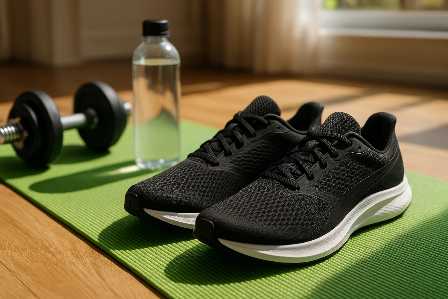 Men's breathable mesh running shoes placed on a vibrant green yoga mat beside a set of dumbbells and a water bottle in a sunlit home gym, showcasing their sleek, lightweight design and advanced moisture-wicking capabilities.