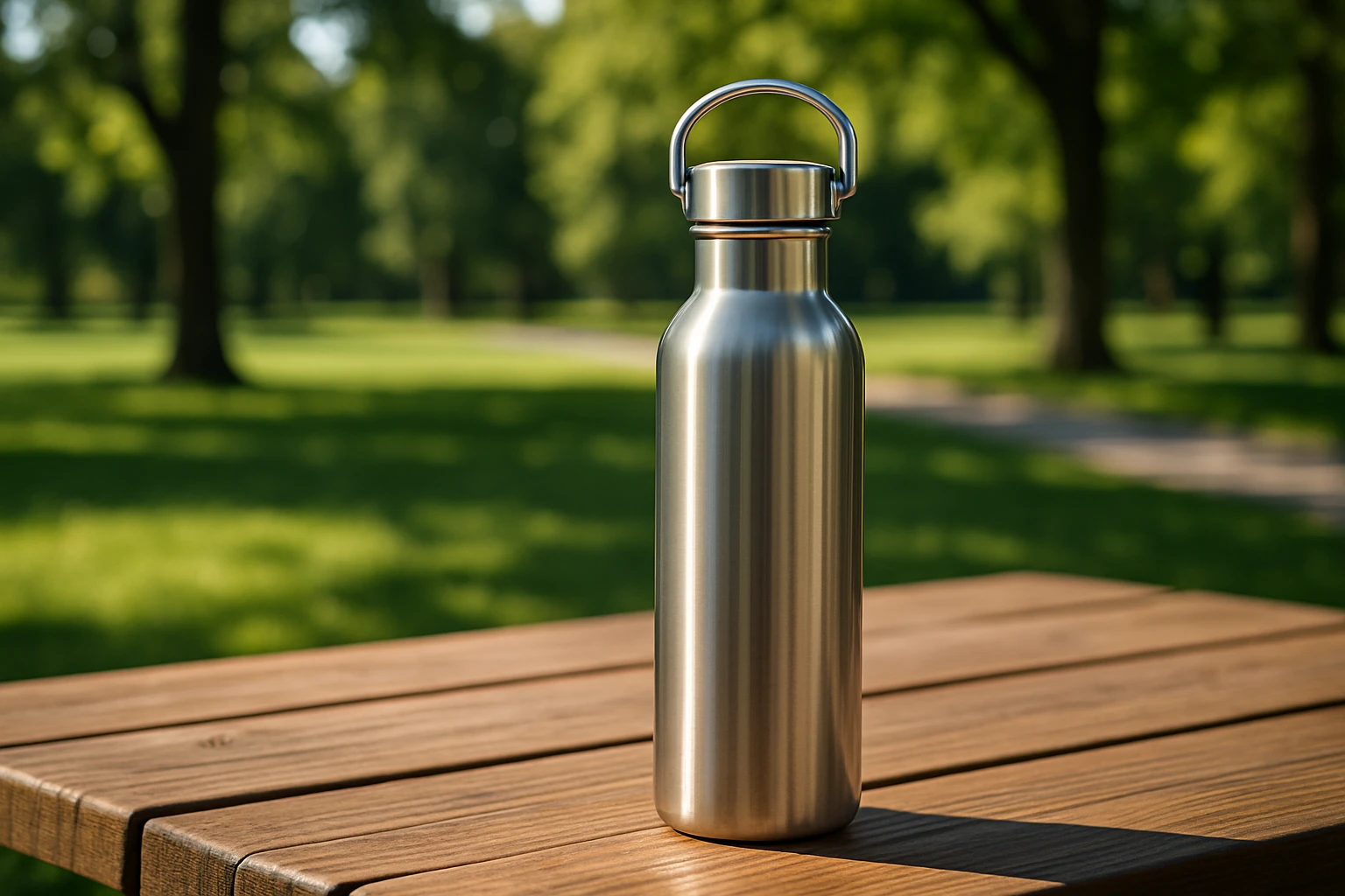 A sleek stainless steel reusable water bottle resting on a wooden picnic table in a sunlit park, with trees and a distant walking path in the background, highlighting its outdoor-friendly design and eco-conscious appeal.