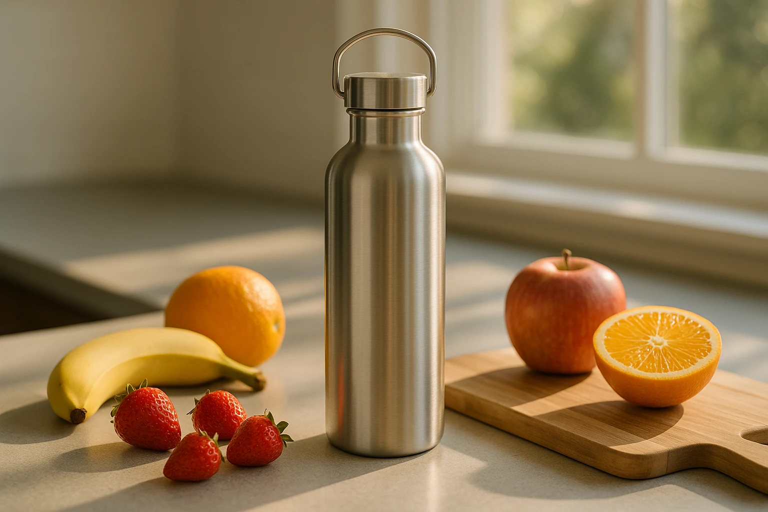 A stainless steel reusable water bottle on a kitchen counter surrounded by fresh fruits and a cutting board, with sunlight streaming through a nearby window, emphasizing its role in promoting a healthy lifestyle and sustainability.